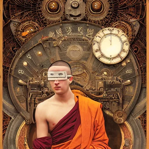 Image similar to buddhist monk blindfolded with high - teh vr steampunk headset armour baroque style, painting by gaston bussiere, craig mullins, j. c. leyendecker, lights, art by ernst haeckel, john william godward, hammershøi,