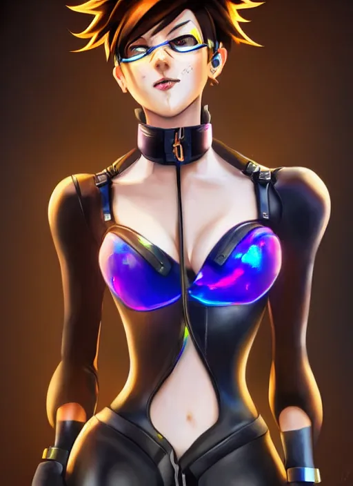 Prompt: full body digital artwork of tracer overwatch, wearing black iridescent rainbow latex bra, 4 k, expressive happy smug expression, makeup, in style of mark arian, wearing detailed black leather collar, wearing chains, black leather harness, detailed face and eyes,