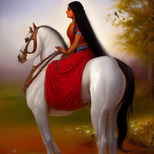 Image similar to a painting of a!! kurdish!! woman riding a beautiful white horse, an oil on canvas painting by raja ravi varma, award winning art, featured on deviantart, qajar art, detailed painting, oil on canvas, acrylic art, extremely detailed, incredibly intricate, elegant