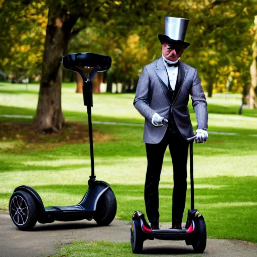 Image similar to an anthropomorphic silver fox in a dapper suit and a top hat riding a Segway in a park, photo, 4K