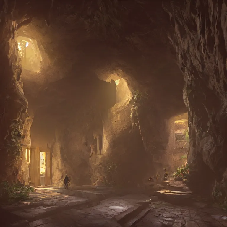 Image similar to secret overwatch hallway for living quarters carved inside a cave surrounding a lush garden, trimmed, magical, natural light, clean lines, cozy, fantasy, minimalist architecture, sharp focus, concept art, by greg rutkowski and craig mullins,, octane render 8 k