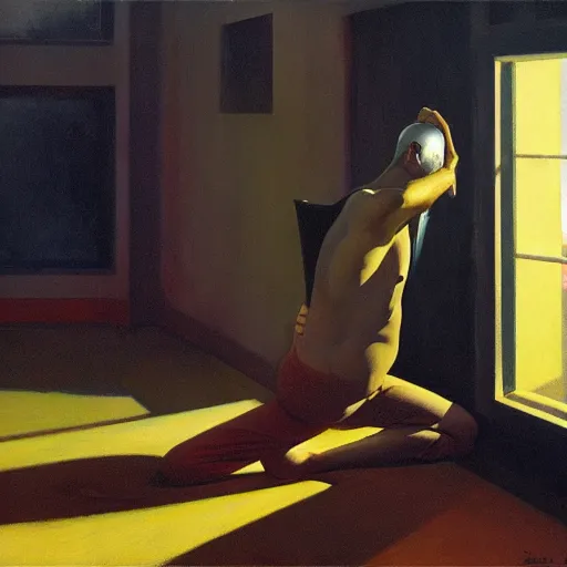 Image similar to a man melting into a puddle of liquid, pj crook, syd mead, livia prima, greg rutkowski, edward hopper