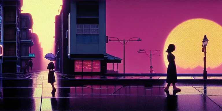 Image similar to an immaculate isometric cinematic keyframe matte painting of the silhouette of a young japanese girl standing in wide wet street 1 9 7 0 s vaporwave rust belt city at dusk with an oversized moon, just after the rain has cleared. by eric lafforgue, glennray tutor and edward hopper, greg rutkowski. trending on artstation.