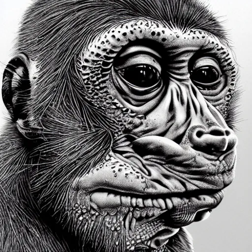 Image similar to deformed hideous pustule covered monkey, sores, bumps, skin wounds, surface hives, growths, horror, fantasy, highly detailed, by Dan Hillier