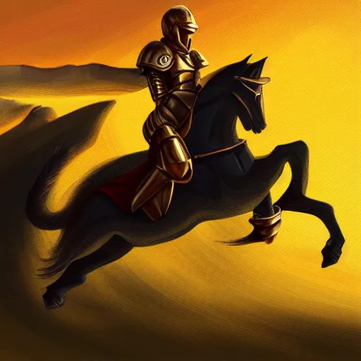 Image similar to a wide shot of a cat wearing an armor, riding on a prancing horse, golden hour, illustration, oil panting, matte