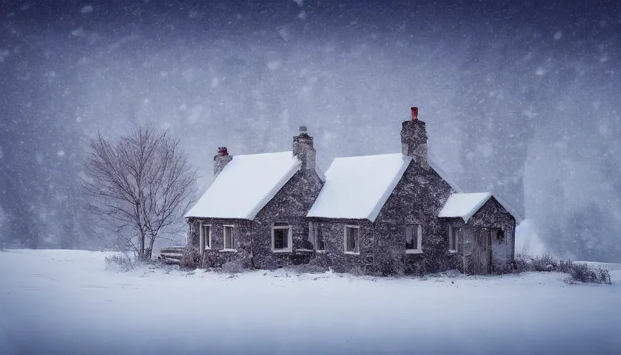 Image similar to A Desolate Cottage with light emitting from it snowed in in a wonderful winter landscape. Blizzard, Heavy snow falling, Snowstorm, Light Haze, Magical Lighting