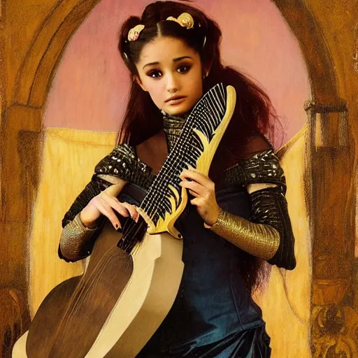 Image similar to half length portrait of ariana grande as a bard playing the mandolin, d & d, medieval, fantasy, giger, royo, klimt, miro, vallejo, frazetta, alphonse mucha, greg rutkowski, whealan