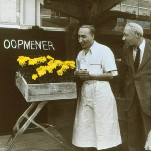 Image similar to color photo of robert oppenheimer selling flowers