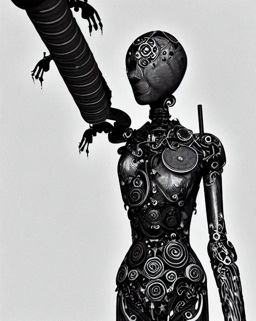 Prompt: mythical black and white organic bio-mechanical stick figure. Waving an axe into the camera. detail of mechanical beautiful female angelic-vegetal-cyborg, highly detailed, intricate steampunk ornate, poetic, 3D render, digital art, octane render, 8K artistic photography, photo-realistic, by Dora Maar