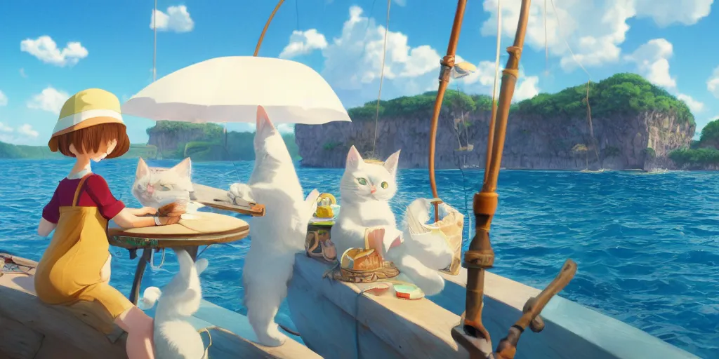 Image similar to a wholesome animation key shot of a cute cat on a fishing boat wearing a sunhat, studio ghibli, pixar and disney animation, sharp, rendered in unreal engine 5, anime key art by greg rutkowski, bloom, dramatic, dynamic lighting