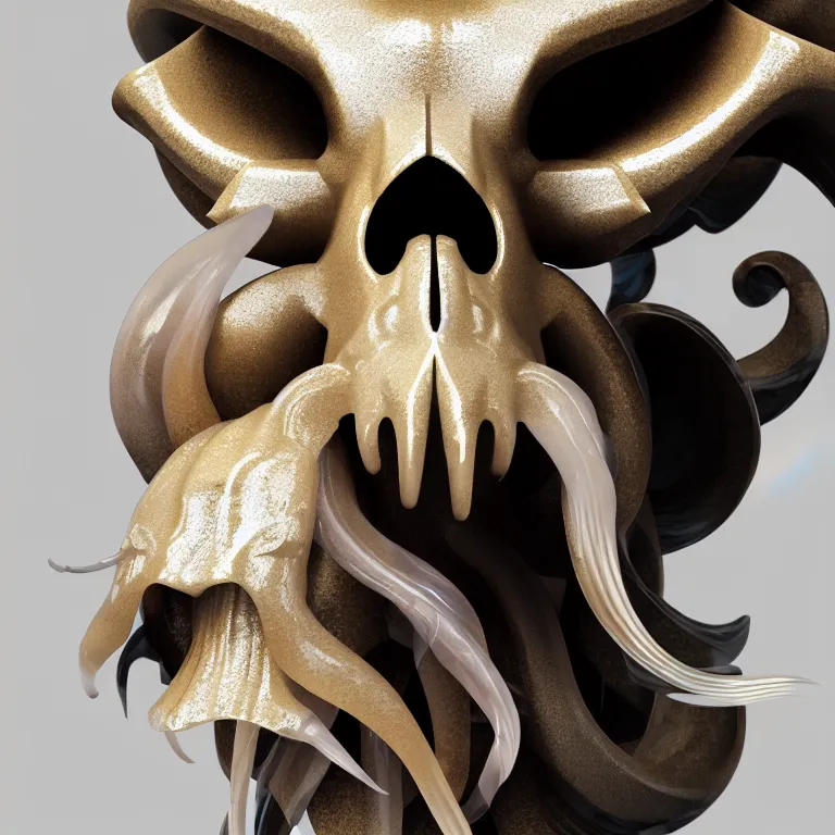 Image similar to goddess princess face close-up portrait ram skull. sculpture made of polished gold and matte obsidian. jellyfish phoenix head, nautilus, orchid, skull, betta fish, bioluminiscent creatures, intricate artwork by Tooth Wu and wlop and beeple. octane render, trending on artstation, greg rutkowski very coherent symmetrical artwork. cinematic, hyper realism, high detail, octane render, 8k