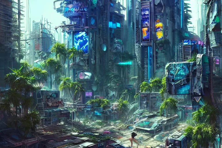 Prompt: a cyberpunk city in ruins, jungle plants overgrowing the streets and buildings, cats run through the ruins, drinking from pools of water and climbing on old fallen signs, by artgerm and amano and rutkowski and kincaid, trending on artstation