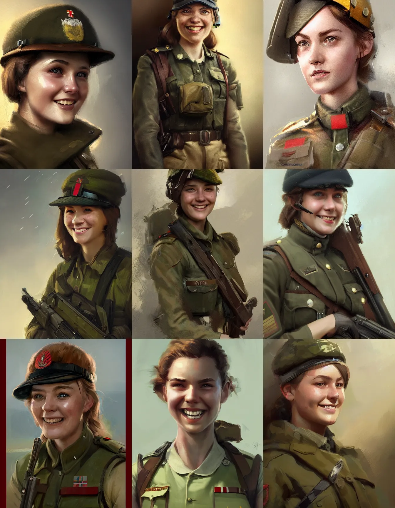 Prompt: young female british home guard soldier, smiling, digital portrait by greg rutkowski, intricate, soft focus, highly detailed, cinematic, epic, artstation