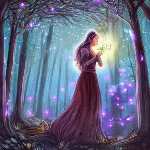 Image similar to female druid casting spells in an enchanted forest, fireflies, moonlight. fantasy art.