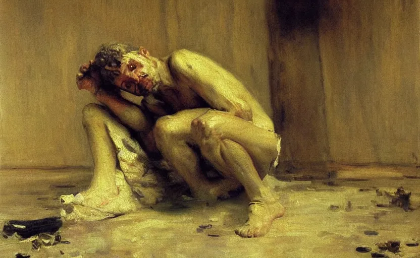 Image similar to high quality high detail painting by ilya repin, desperate man suffering from solitude, hd