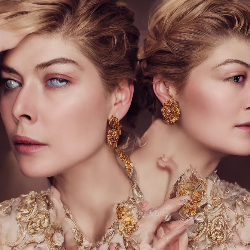 Image similar to gorgeously dreamlike beautiful face Rosamund Pike, hair updo, balayage, natural make-up, luxurious ornate golden jewelry, earrings, low cut dress, dynamic lighting, award winning photo shoot, intricately detailed, glimmering, shining, photo realistic, cinematic, volumetric lighting, fashion portrait, 8K UHD