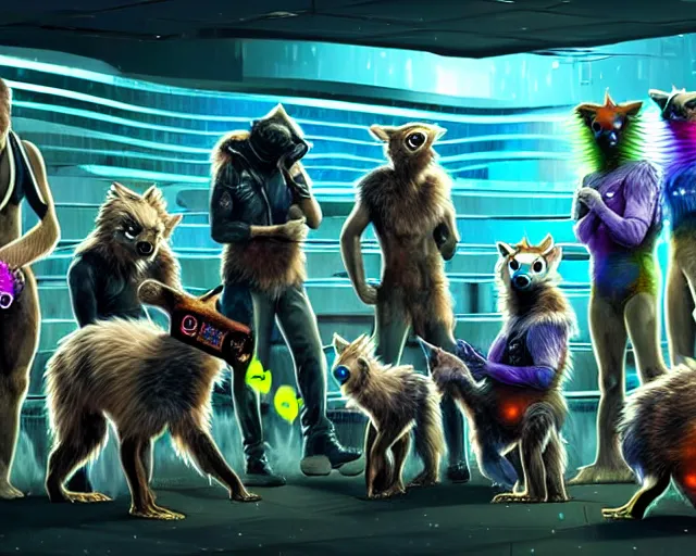 Image similar to high - resolution photograph from a biopunk era furry fandom convention ( midwest furfest 2 0 4 7 ), taking place after the genetic revolution and singularity. photorealistic.