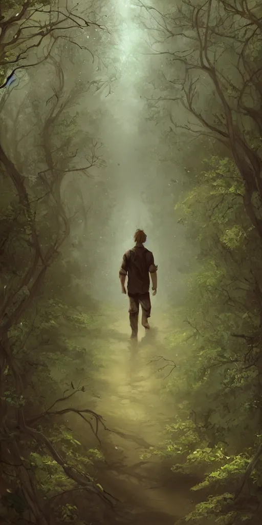 Image similar to a painting of a man walking down a path in a forest, a storybook illustration by charlie bowater, featured on deviantart, fantasy art, storybook illustration, detailed painting, enchanting