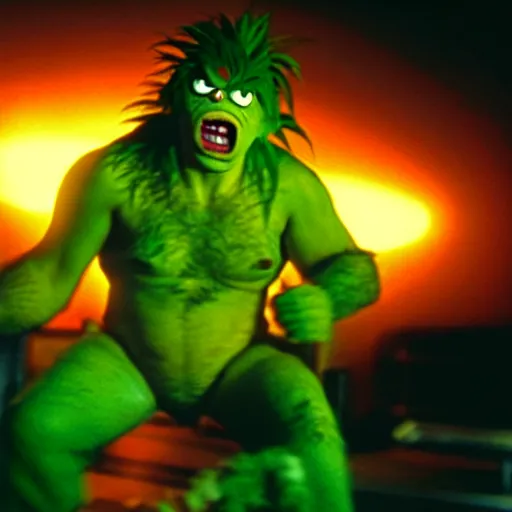 Prompt: mr. bean as blanka from the streetfighter movie. movie still. cinematic lighting.