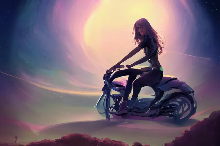 Prompt: a girl is riding a motorbike, digital painting, artstation, the space background,concept art, illustration,
