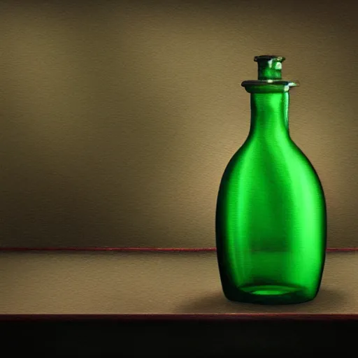 Prompt: a painting of a steampunk turqoise colored potion bottle on a counter in a dark dusty vintage science lab, by h. r. giger, hyperrealistic fantasy art, concept matte, ethereal, dreamy, digital art, trending on artstation, volumetric cinematic lighting