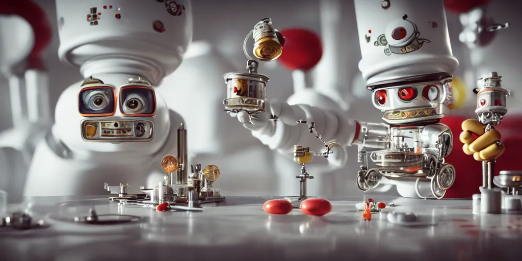 Image similar to closeup portrait of tin toy retro robot chef cooking pastry with vials in a chemical scientific lab, depth of field, zeiss lens, detailed, centered, fashion photoshoot, by nicoletta ceccoli, mark ryden, lostfish, breathtaking, 8 k resolution, extremely detailed, beautiful, establishing shot, artistic, hyperrealistic, octane render