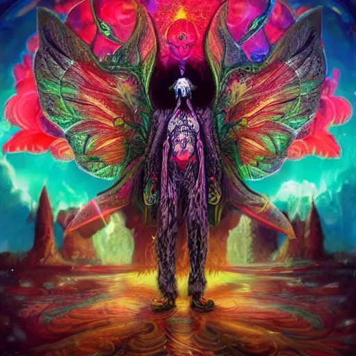 Image similar to 8K centered headshot Portrait of a psychedelic godlike mothman posing with a cigar with giant mandala wings smoking a hand-rolled cigarette smoking heavily , magic mushroom village in background , post-processing , award winning. superb resolution. in the art style of Satoshi Kon and Greg Rutkowski , Detailed Mushroom city in background , Hyper realistic anime , Perfect art , Dalle2