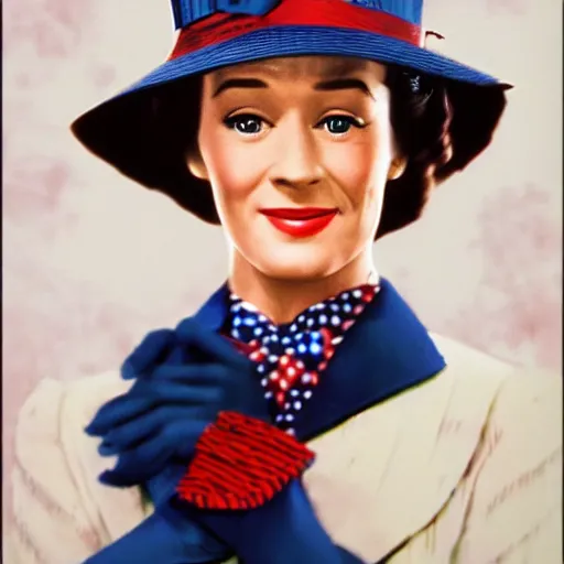 Image similar to A photo of Mary poppins. She is looking at the camera with a slight smile. Full shot camera angle.