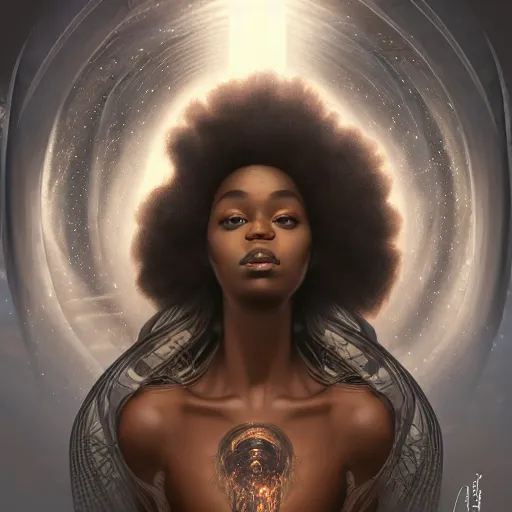 Prompt: black african princess, h r giger, warm volumetric lighting, cosmic, symmetric, highly detailed, elegant, concept art, heavenly, god rays, glowing aura, intricate, sharp focus, illustration, alexandros pyromallis, bouguereau, rutkowski, artgerm, alphonse mucha