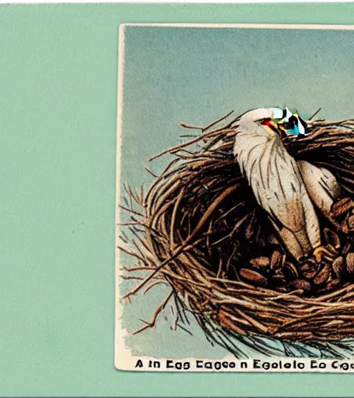 Image similar to damaged postcard of 'an eagle in the nest of a snowy pine tree' laying on coffee table, zoomed out shot