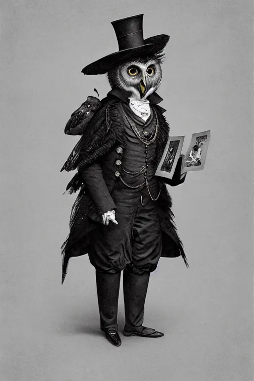 Prompt: wet plate photograph portrait of a victorian - era anthropomorphic owl dressed in a victorian - era clothing, dramatic lighting, highly detailed, digital painting, artstation, concept art, smooth, sharp focus, illustration, art by wlop, mars ravelo and greg rutkowski