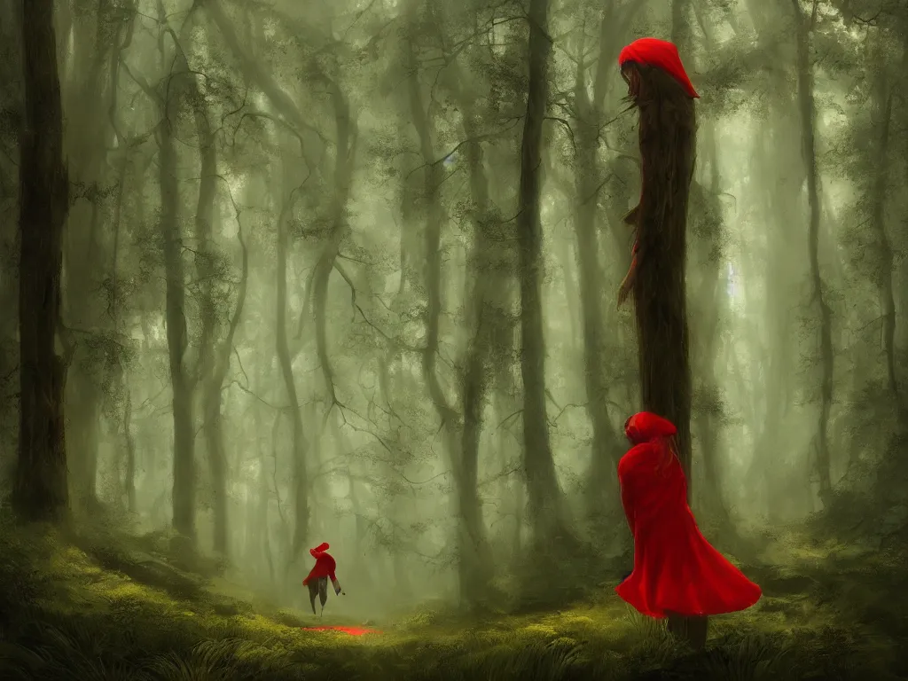 Image similar to serene green oak and beech forest, mysterious female beauty wearing a red cap slowly rides through the forest, rays of life, cinematic, fantasy art, moody evening light, foggy, trending on artstation, by esao andrews, by naoto hatori, by tyler jacobson