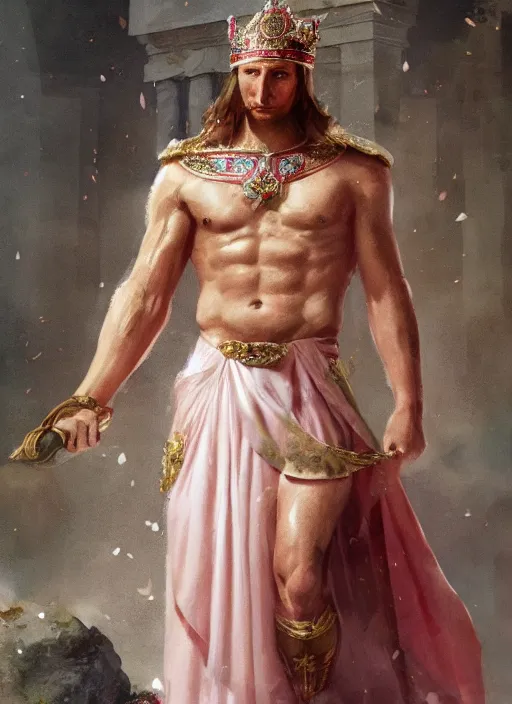 Image similar to vladimir putin as a magnificent beautiful greek god in a crown and short pink balerrina skirt by greg rutkowski