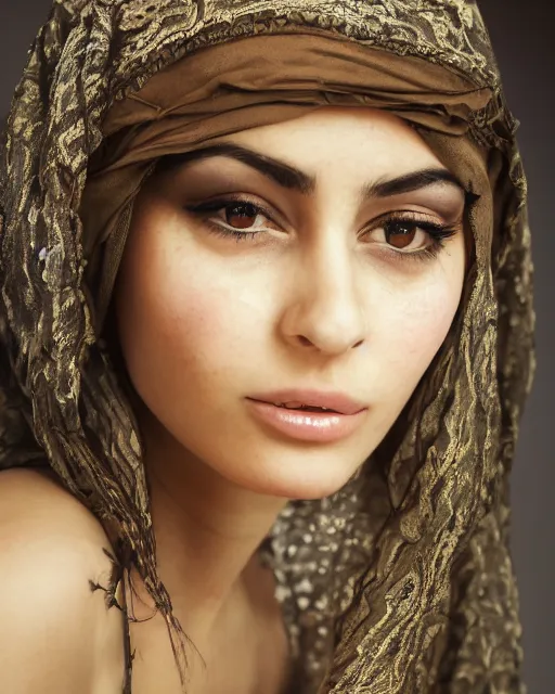 Image similar to a highly realistic, true to life portrait of a beautiful young middle eastern girl, soft focus, from the waist up, with sharp features, a beautiful face, soft smile, under studio lighting, taken with a canon eos camera with 1 3 5 mm focal length by karol bak, james jean, tom bagshaw, rococo, sharp focus, trending on artstation,