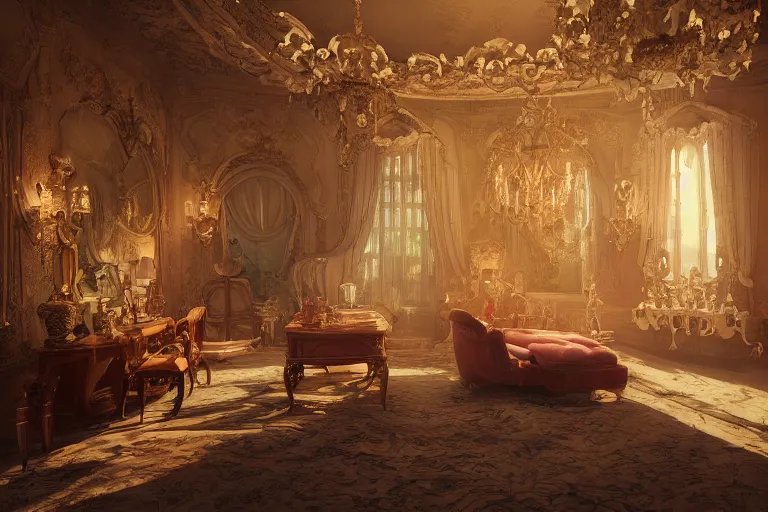 Image similar to a storybook illustration of inside a beautiful gorgeous mansion rooms, hyper realistic, ambient lighting, concept art, intricate, hyper detailed, smooth, dynamic volumetric lighting, octane, raytrace, cinematic, high quality, high resolution, 4 k