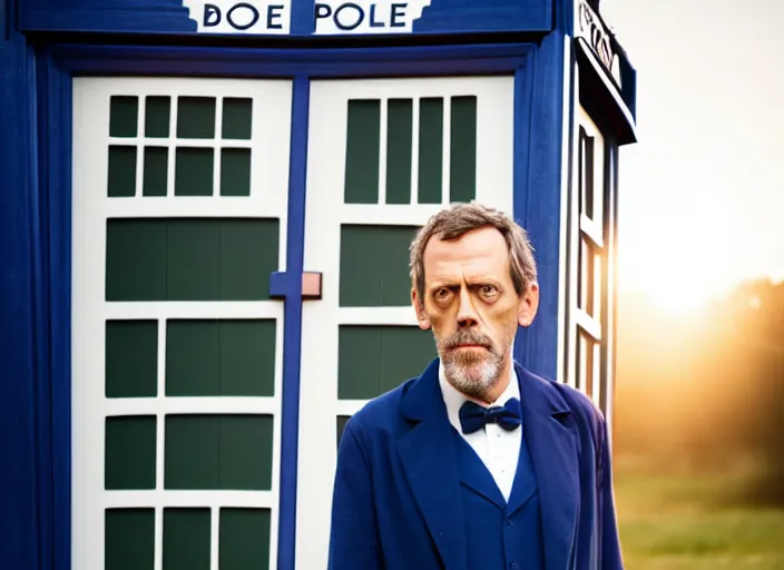 Image similar to dslr photo portrait still of hugh laurie as doctor who in front of the tardis at sunset, 8 k, 8 5 mm f 1. 4