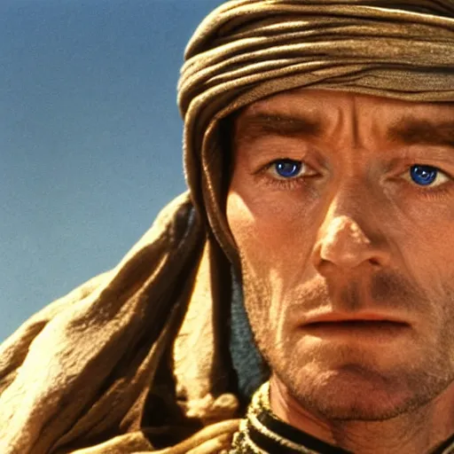 Image similar to peter o'toole as muadib, film still, 7 0 mm, lawrence of arabia, dune