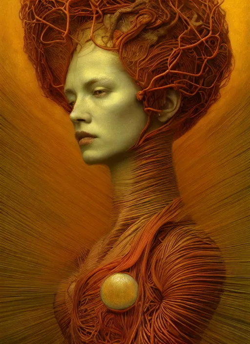 Prompt: Woman masterpiece, beautiful eyes, yellow, golden halo behind her head, red wires wrap around, by Edgar Maxence and Ross Tran, Zdzisław Beksiński, and Michael Whelan, distant, gustav dore, H.R. Giger, 8k, octane render