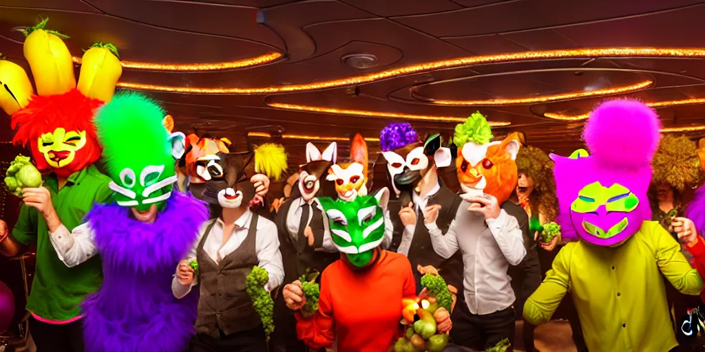 Image similar to 8 k uhd cinema 4 d, octane render of multiple cats dressed as vegetables with vegetables as masks, vegetables dressed as cats with fluffy tails, line dancing at a party, in the ballroom of a luxury cruise liner, beautiful chandeliers from the ceiling, ultra realistic, group photography, 1 0 5 mm lens, multi coloured volumetric lighting