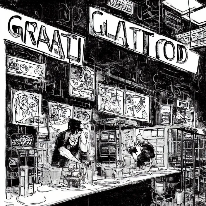 Prompt: poor quality food, water, and gruel : on a table. inside a dirty automated kiosk. bright tasty food options displayed on a wall. black tiles on walls. black and white, pencil and ink. by gabriel hardman, joe alves, chris bonura. cinematic atmosphere, detailed and intricate, perfect anatomy