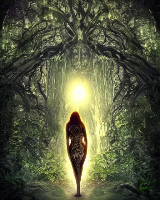 Image similar to a doomed goddess walking towards a ravenous, horrific portal to hades embedded in a creepy tree in a densely overgrown, magical jungle, fantasy, dreamlike sunraise, stopped in time, dreamlike light incidence, ultra realistic