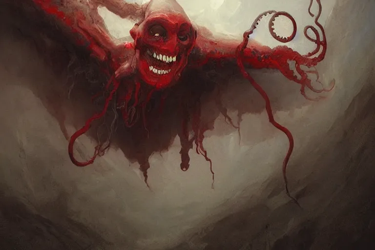 Image similar to painting by greg rutkowski of a flying crying human head and face that is chalk white in color, with tentacles coming of the neck, fiery red eyes, flying in a terrying hell like cavernous place