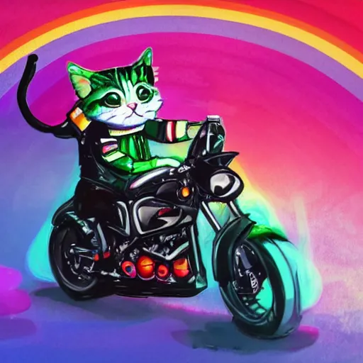 Image similar to wide angle full body, jacket wearing fluffy cute rainbow kitten wearing a black leather motorcycle jacket, riding on a motorcycle, cinematic concept art