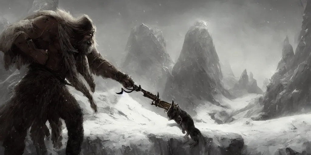 Prompt: lonely famous persian super hero with long beard having a mace in hand on a snowy peak wearing a cheetah skin coat and a steel helmet fighting a white beast, art by greg rutkowski, dark fantasy art, high detail, trending on artstation, insane details, dramatic lighting,