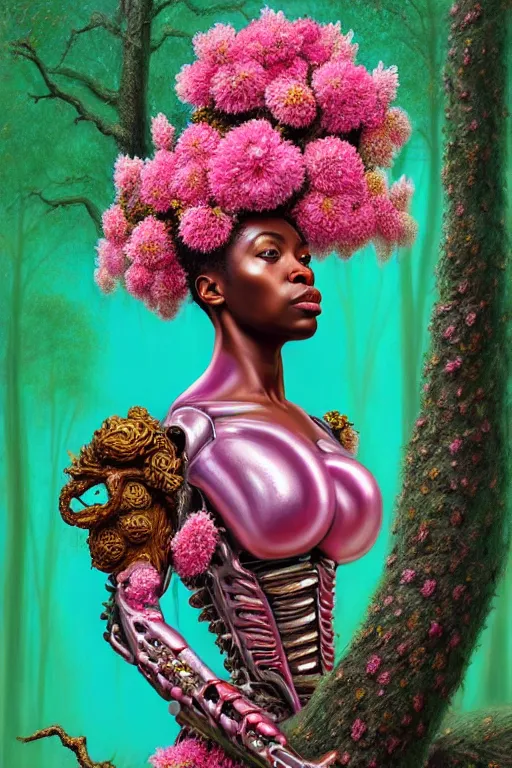 Image similar to hyperrealistic neo - rococo cinematic super expressive! yoruba goddess with exoskeleton armor, merging with tree in a forest, pink red flowers, highly detailed digital painting masterpiece, smooth cam de leon eric zener dramatic pearlescent soft teal light, ground angle hd 8 k, sharp focus