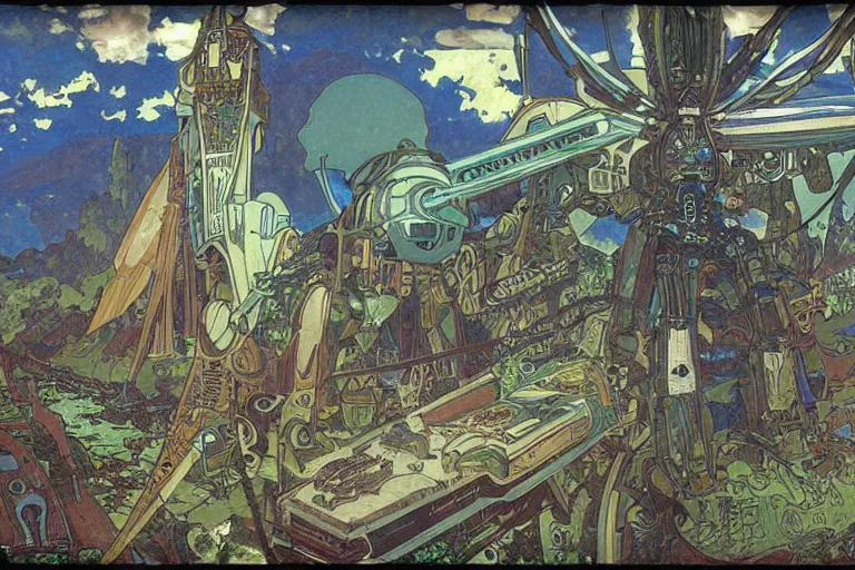 Prompt: massive epic solarpunk alien mecha made of tribal intricate design cyber mechanical dynamic skyship jetpack air vehicle flying near a hillside creek grove ancient stone ruins, alphonse mucha, xenogears, star ocean, shinkai ultra detail