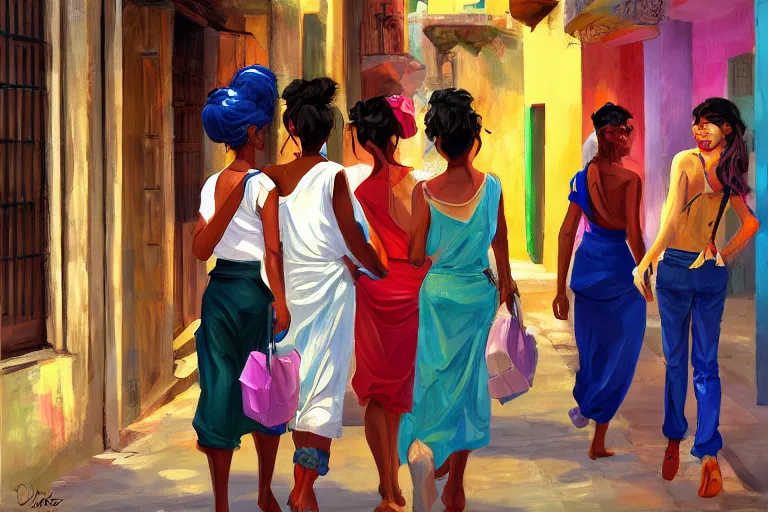 Image similar to concept art, painting of cuban women in havana, digital anime art, good lighting,