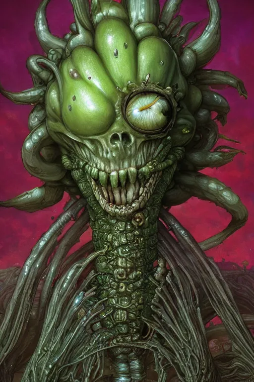 Image similar to very very beautiful longshot photo of chthonic pickle Rick, highly detailed, artstation, concept art, smooth, sharp focus, illustration, art by Ayami Kojima, Beksinski, Giger