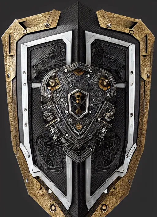 Image similar to hyper realistic glorious ancient shield in a obsidian metal armor, futuristic design, designed by makoto kobayashi and luca zampriolo, cyberpunk style, wood and gold details, intricate, extremely detailed, ornate, deep of field, hard surface, exoskeleton, substance designer metal unreal engine. amazing likeness. very detailed.