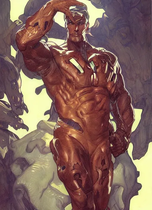 Image similar to a handsome man. he is dino man, wearing a dinosaur themed superhero costume. clean elegant painting, beautiful detailed face. by artgerm and greg rutkowski and alphonse mucha